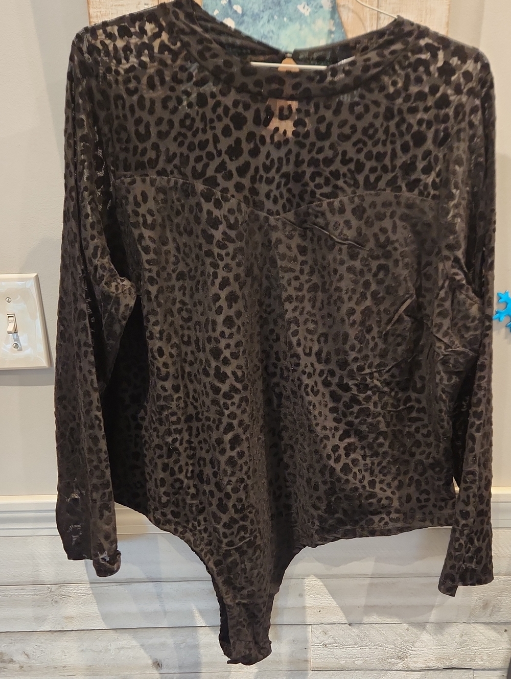 EUC K Jordan Black Leopard-Print Long Sleeve Bodysuit Top Sz 3X